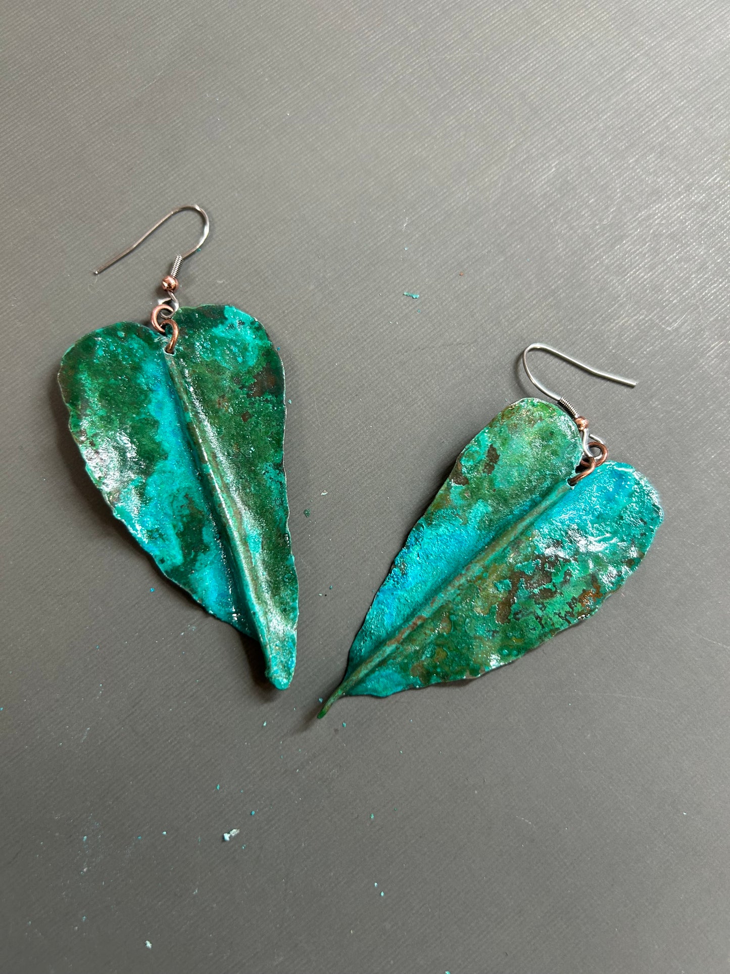 Copper forged leaf earrings-green patina