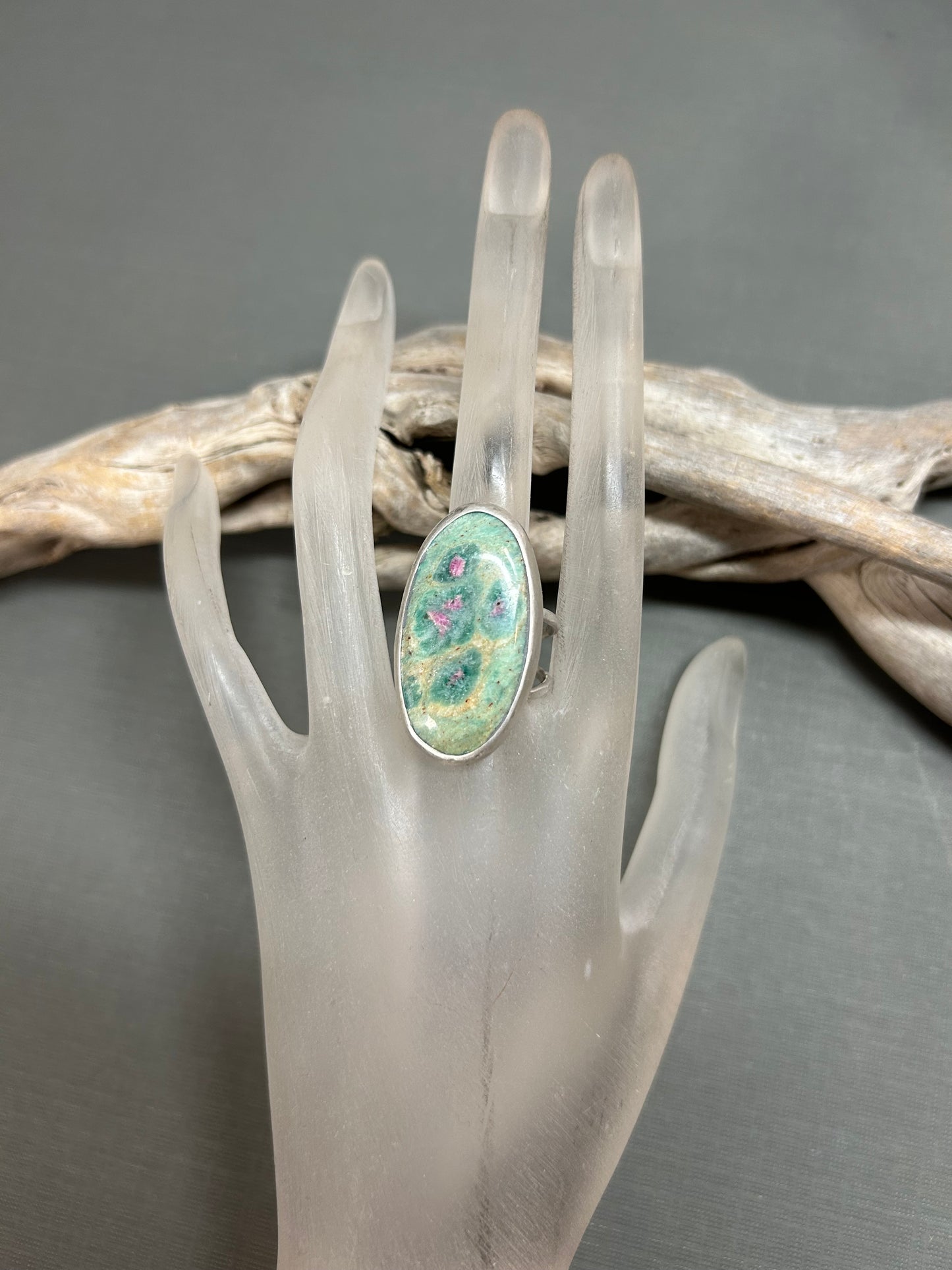 Ruby in zoisite ring- greens and pinks