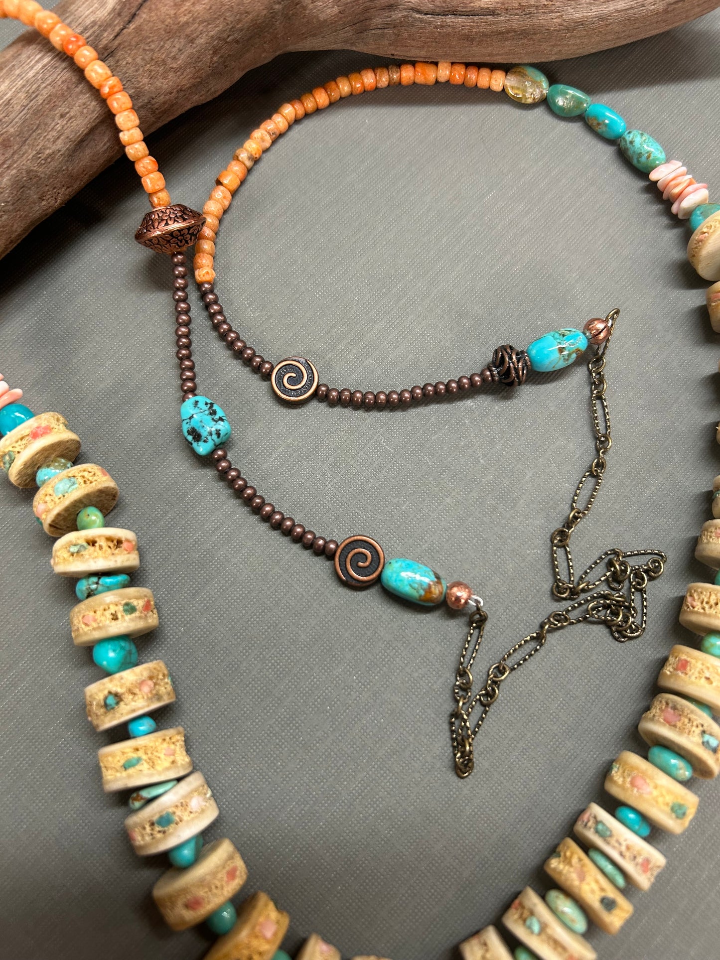 Turquoise and coral long bone necklace