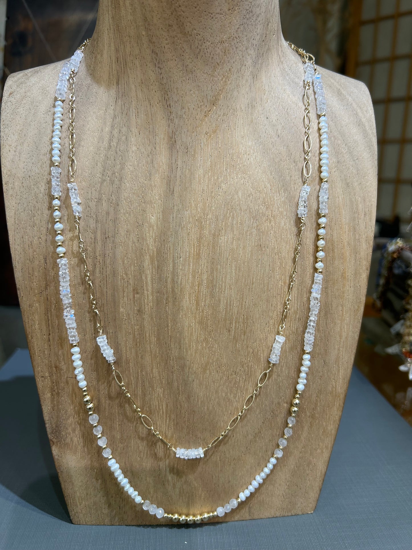Rainbow moonstone and pearl necklace