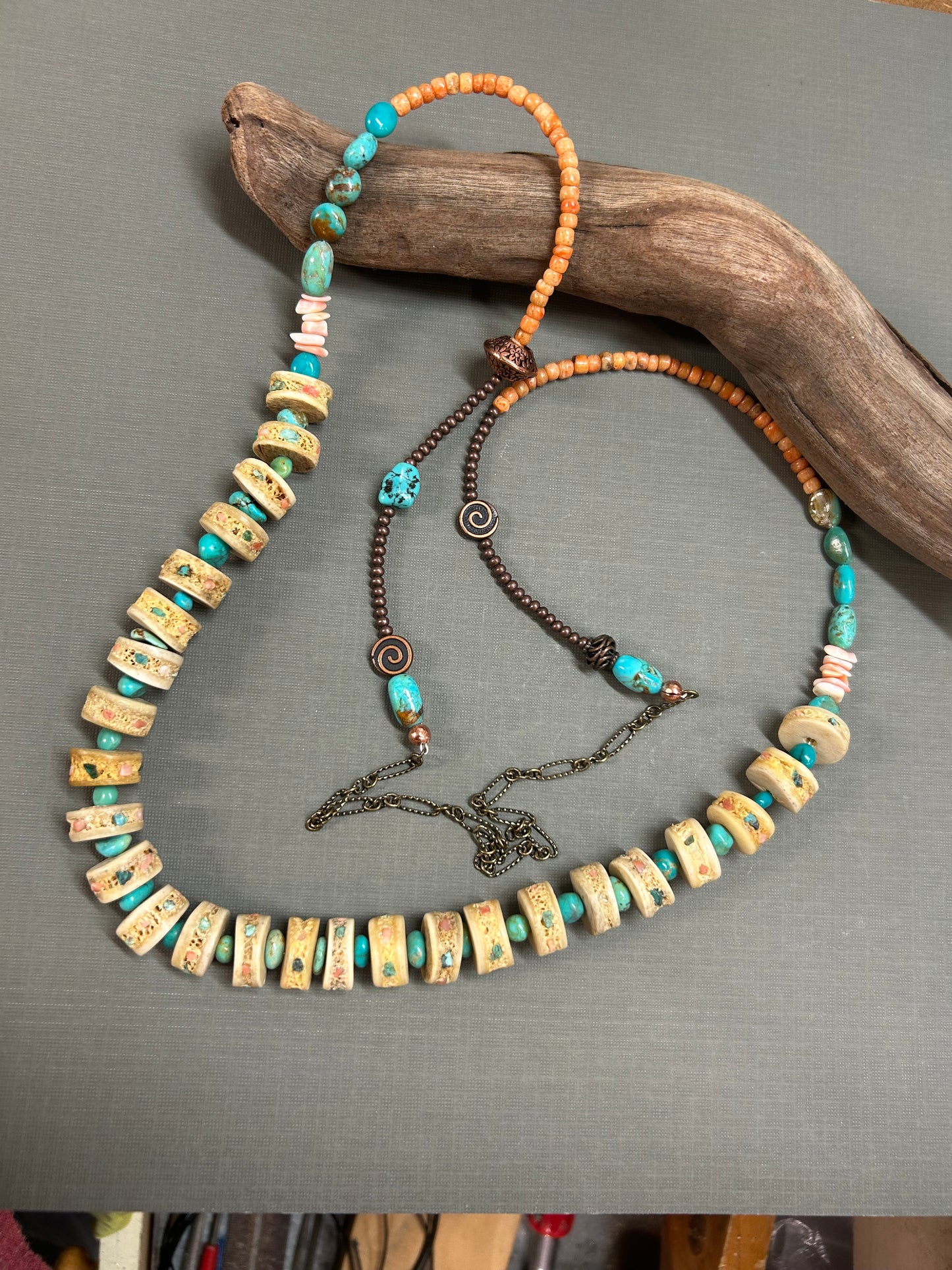 Turquoise and coral long bone necklace