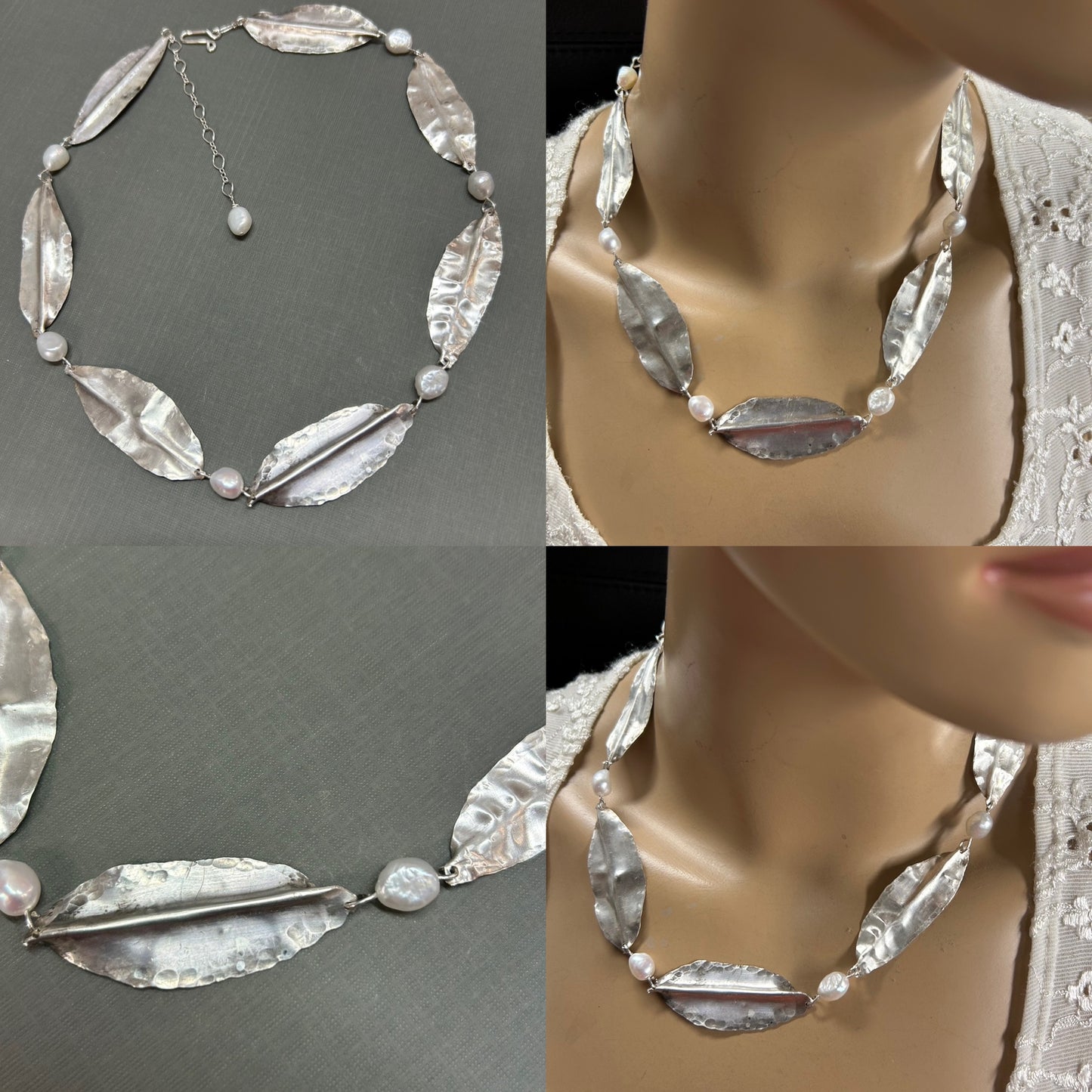 Leaves and pearls necklace-silver