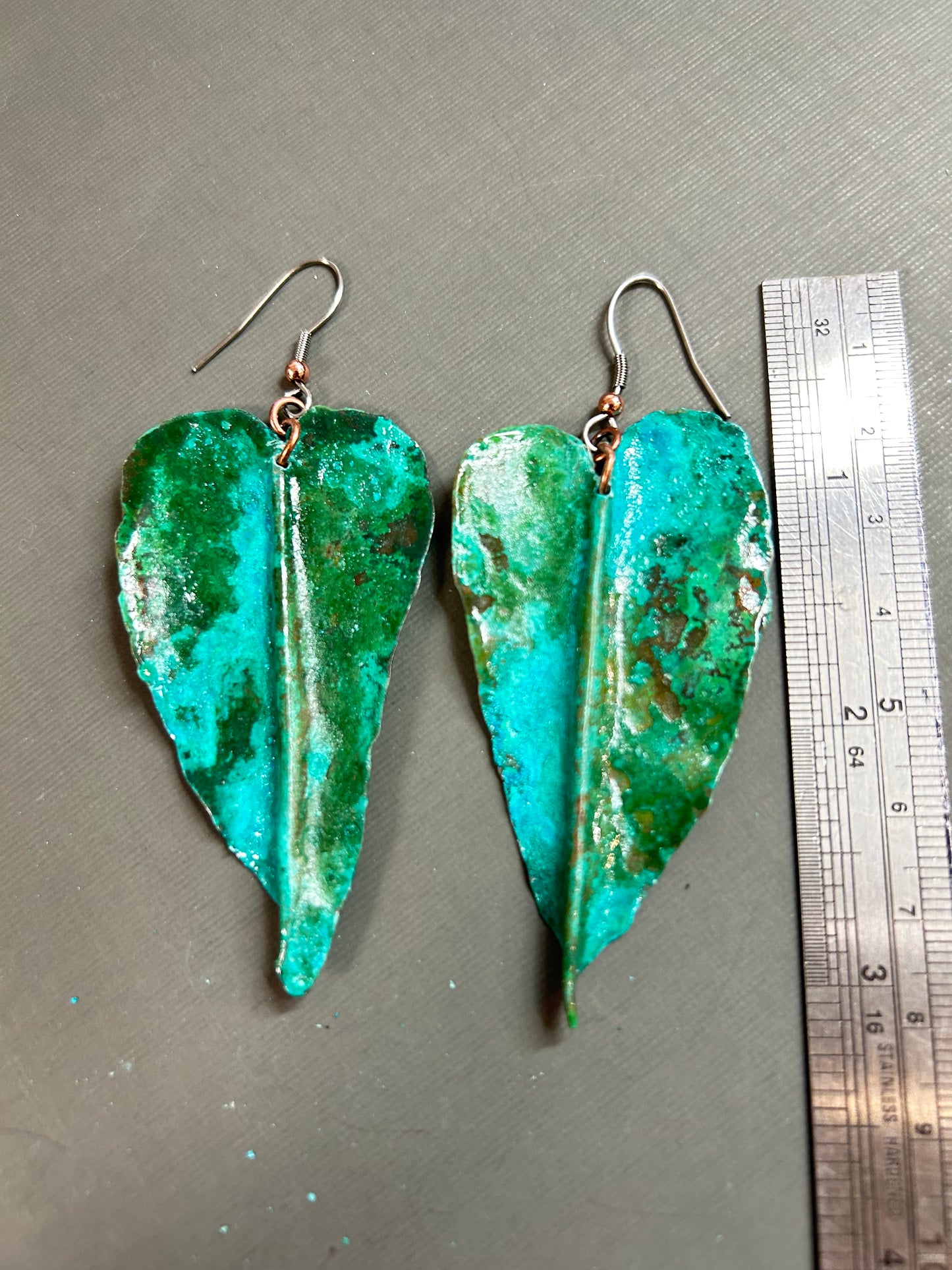 Copper forged leaf earrings-green patina