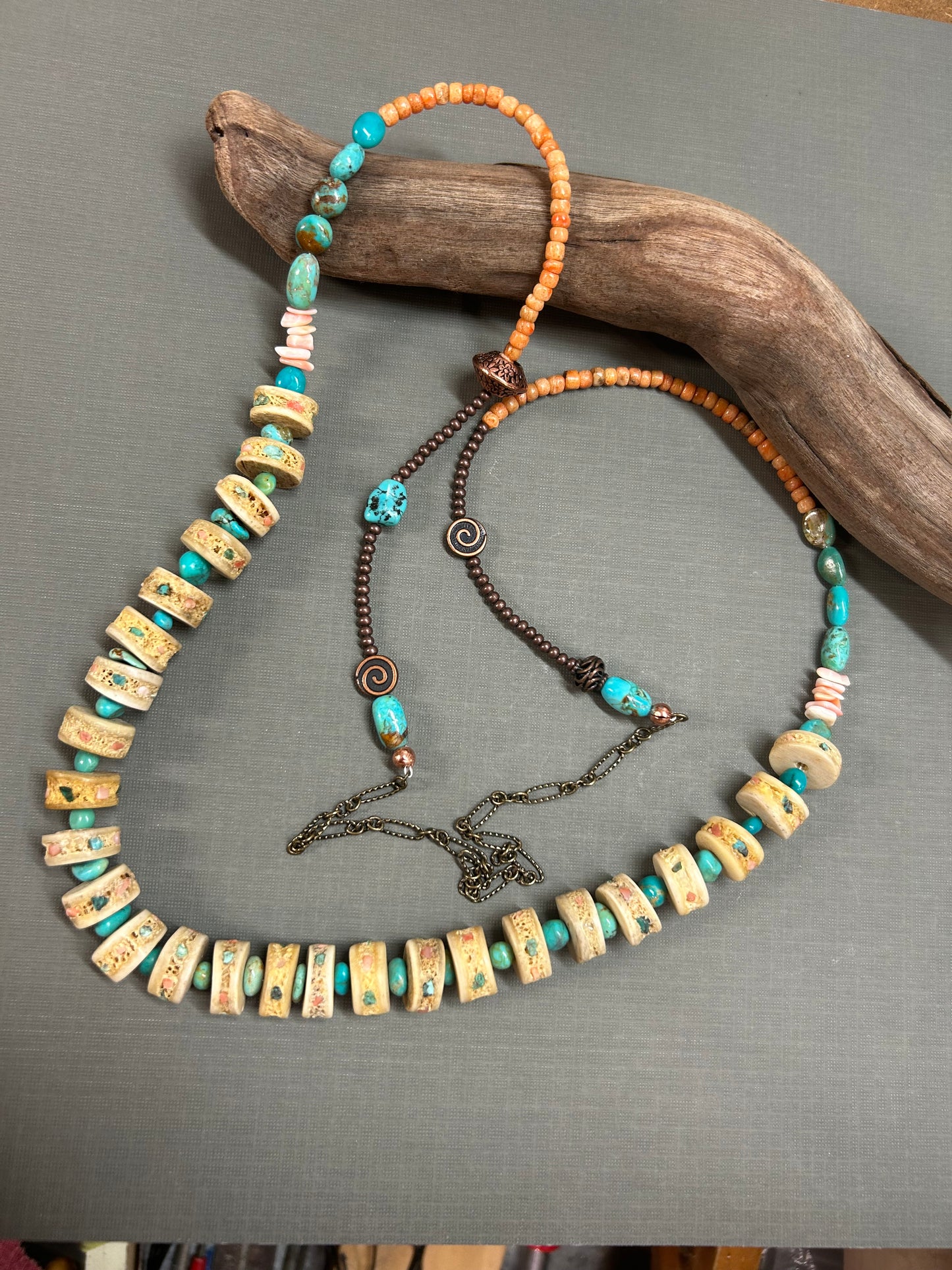 Turquoise and coral long bone necklace