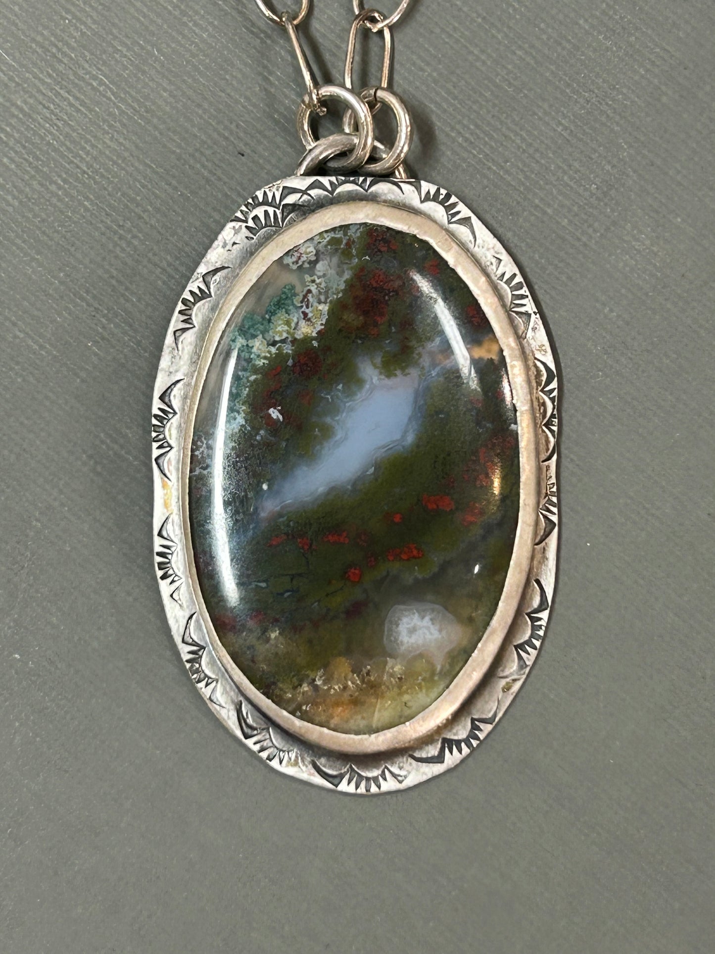 Moss Agate- red flowers field necklace