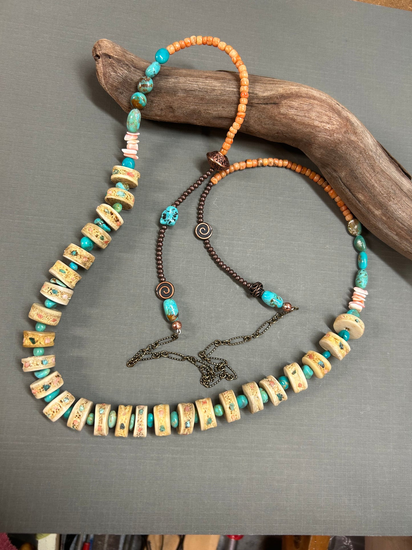 Turquoise and coral long bone necklace