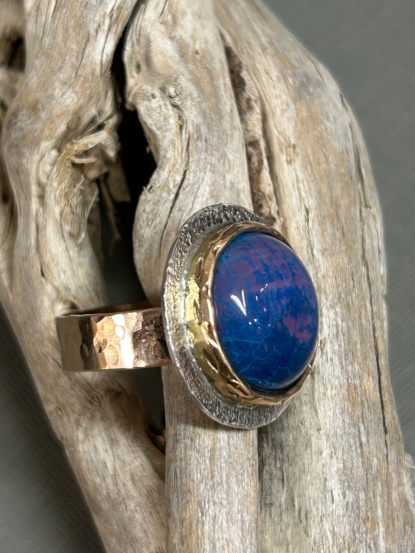 Blue gold and silver ring