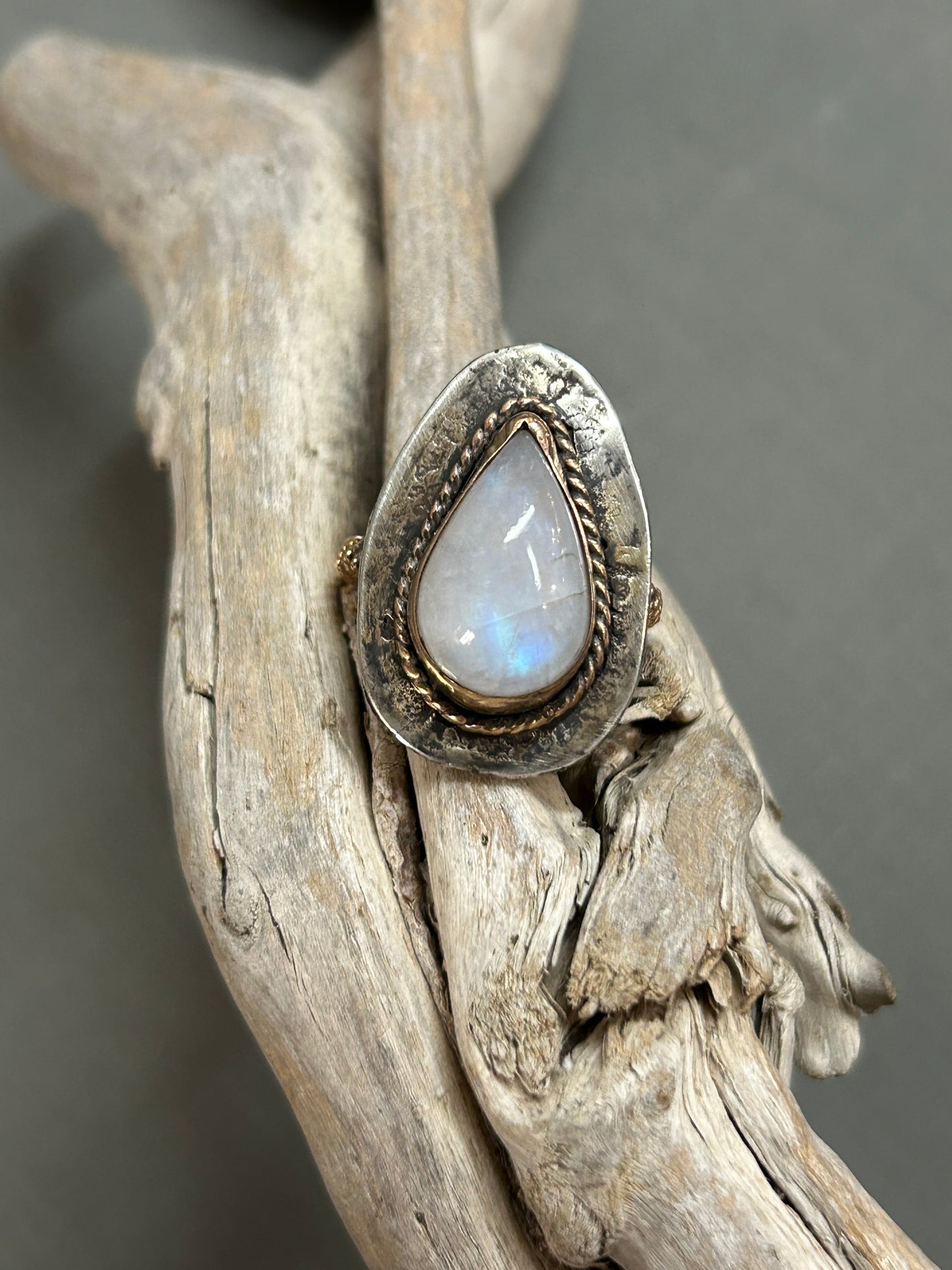 Rainbow Moonstone teardrop ring