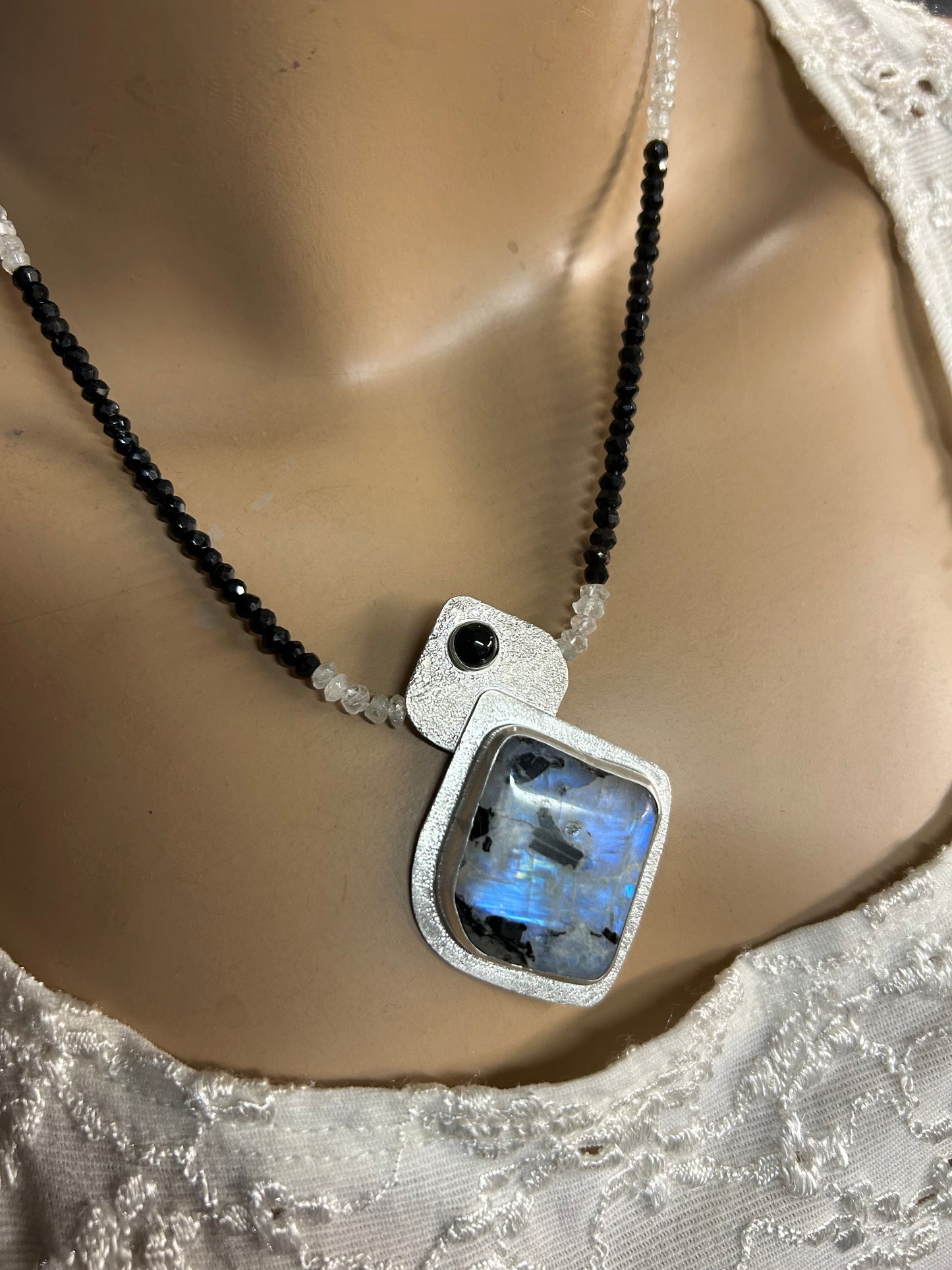 Rainbow Moonstone and black Onyx necklace