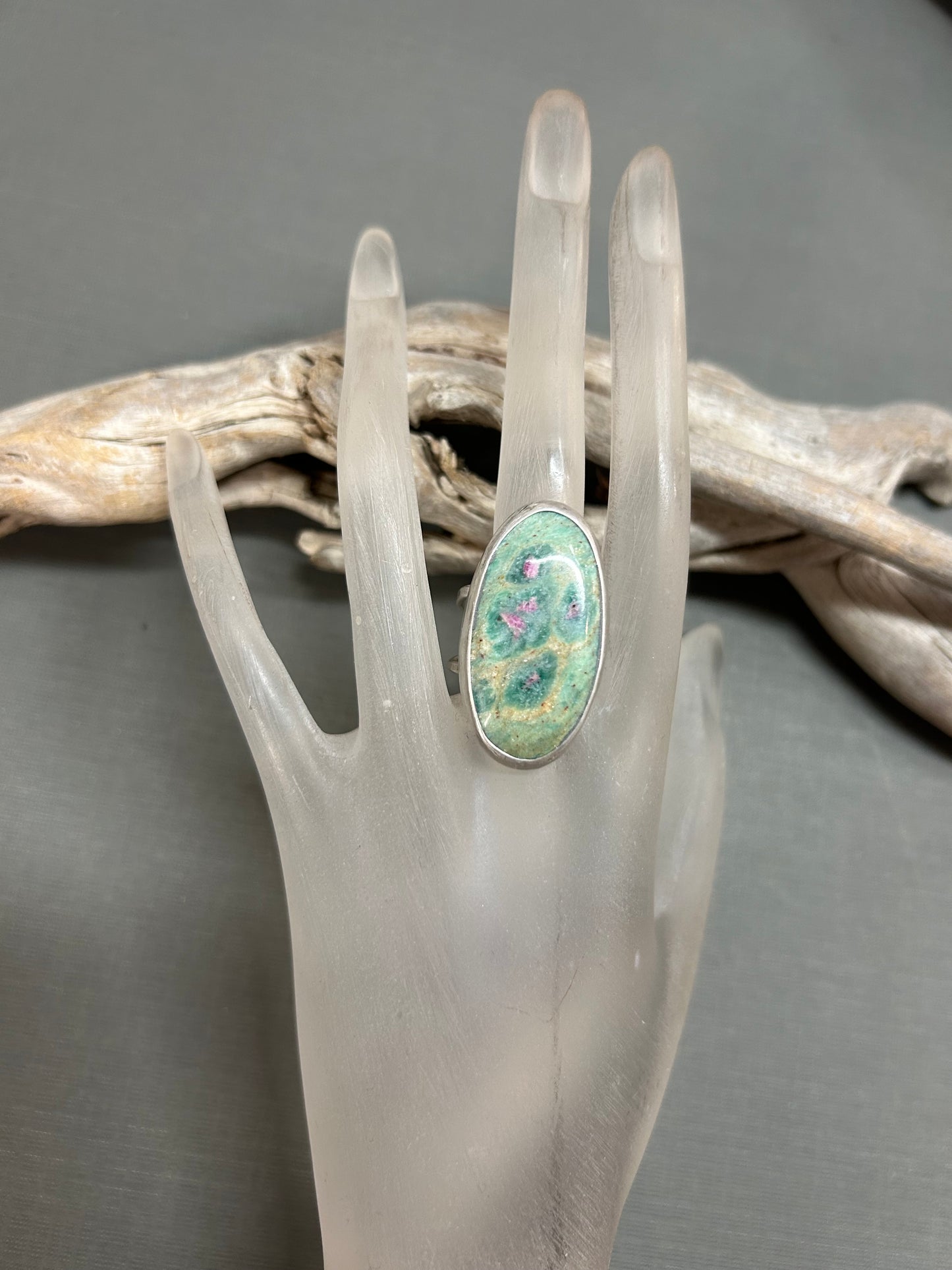 Ruby in zoisite ring- greens and pinks