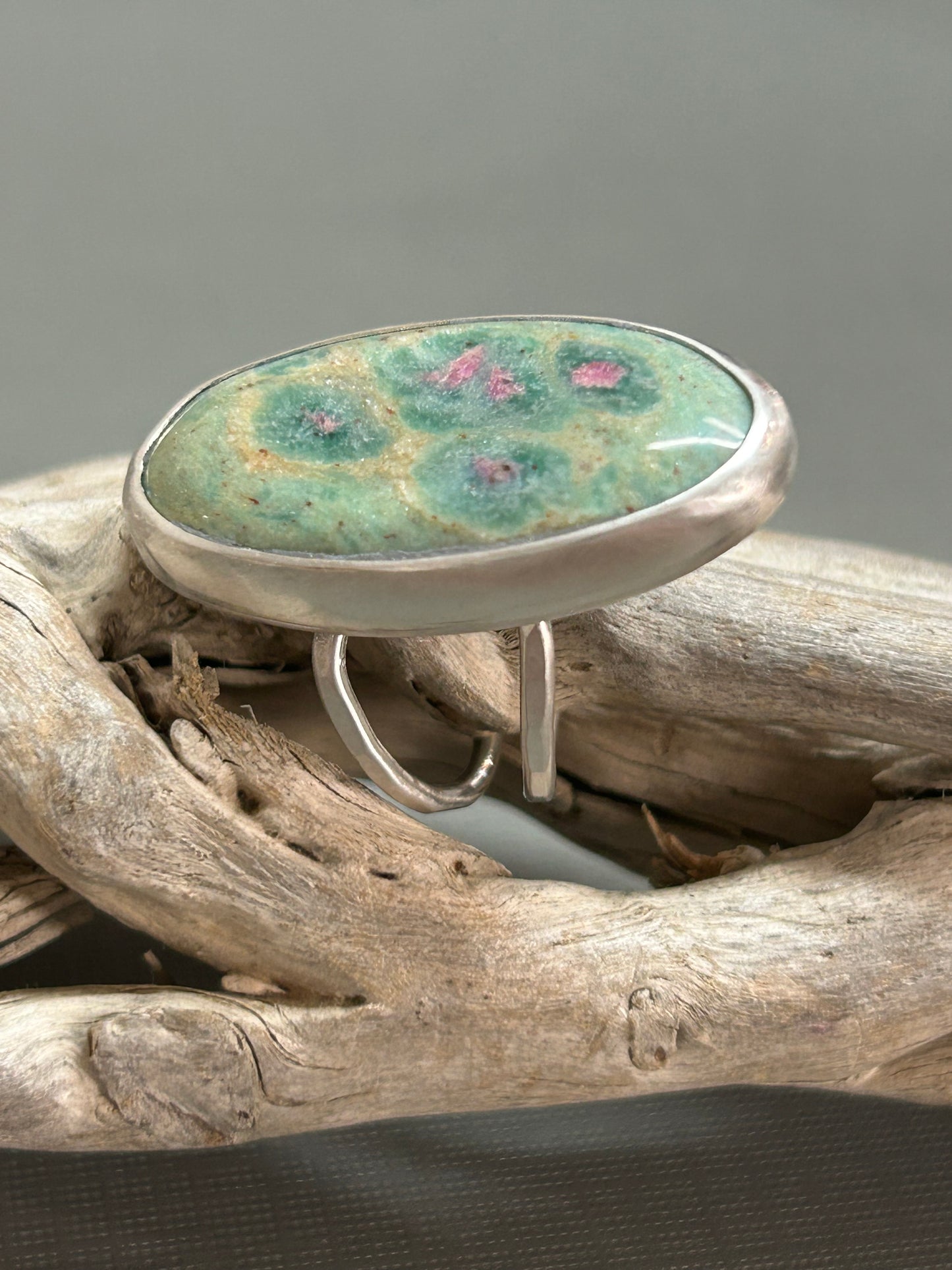 Ruby in zoisite ring- greens and pinks
