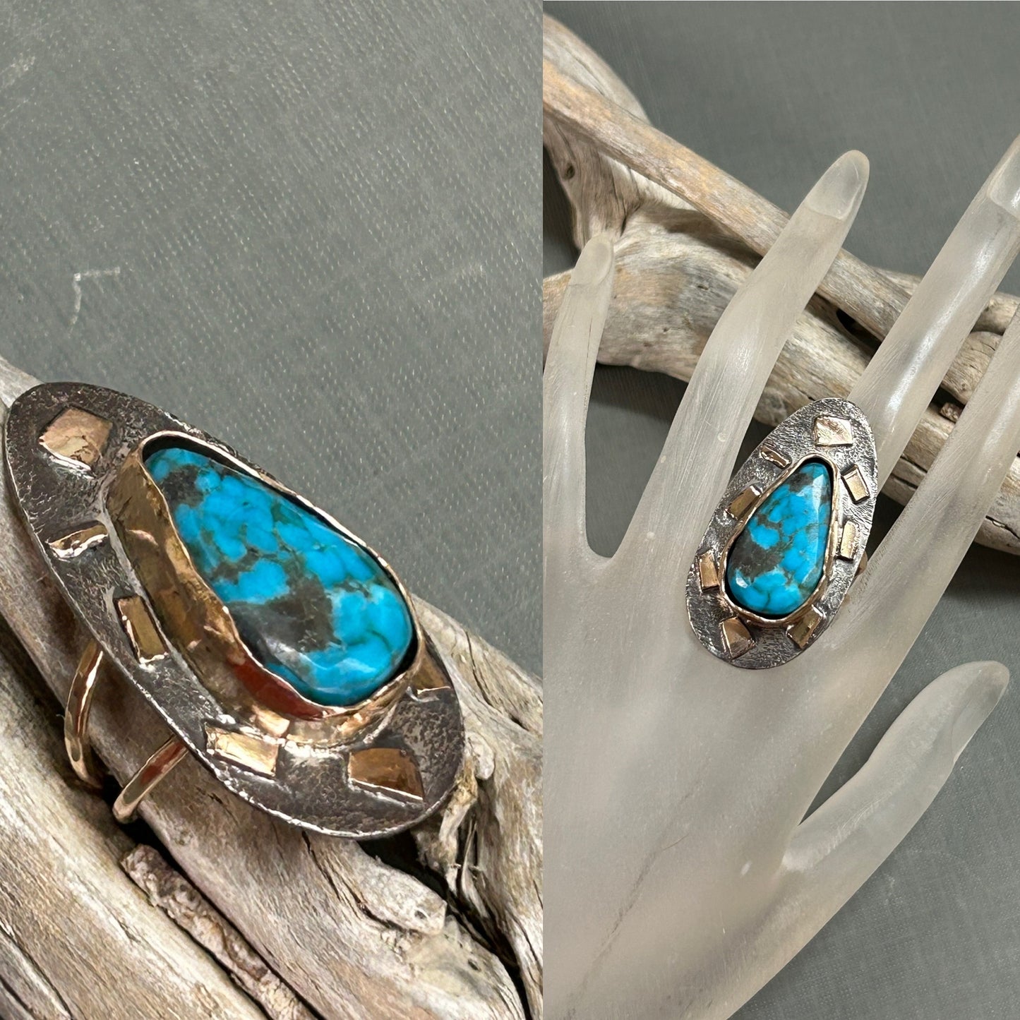 Turquoise ring Bi Metal sterling and gold