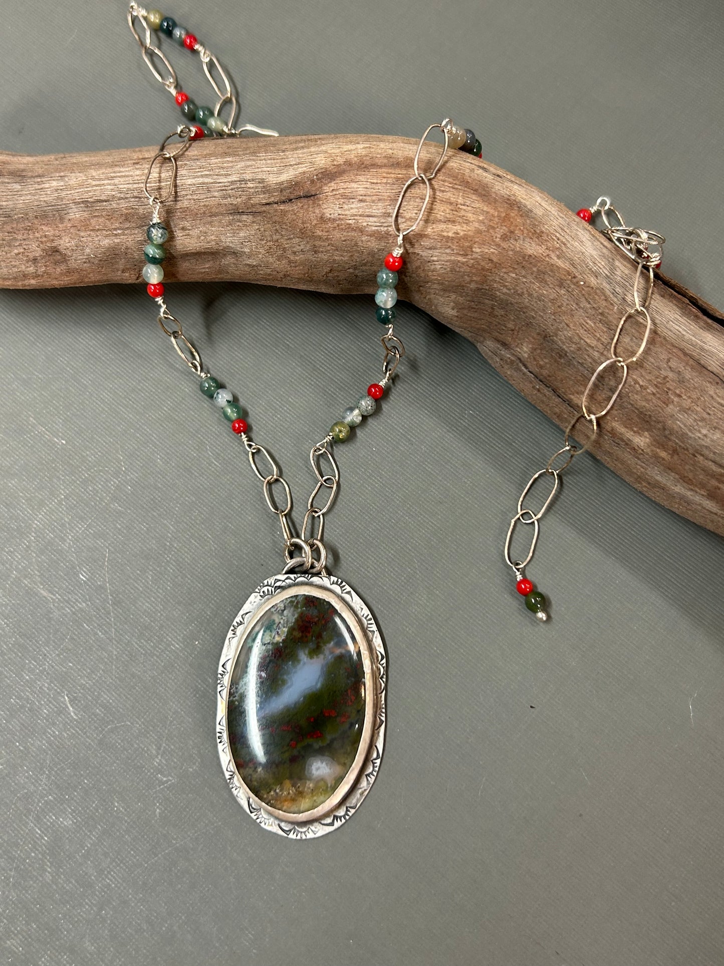 Moss Agate- red flowers field necklace