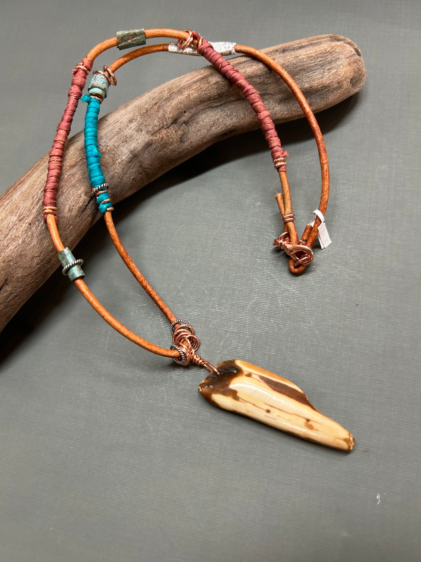 Leather necklace unisex walrus tusk