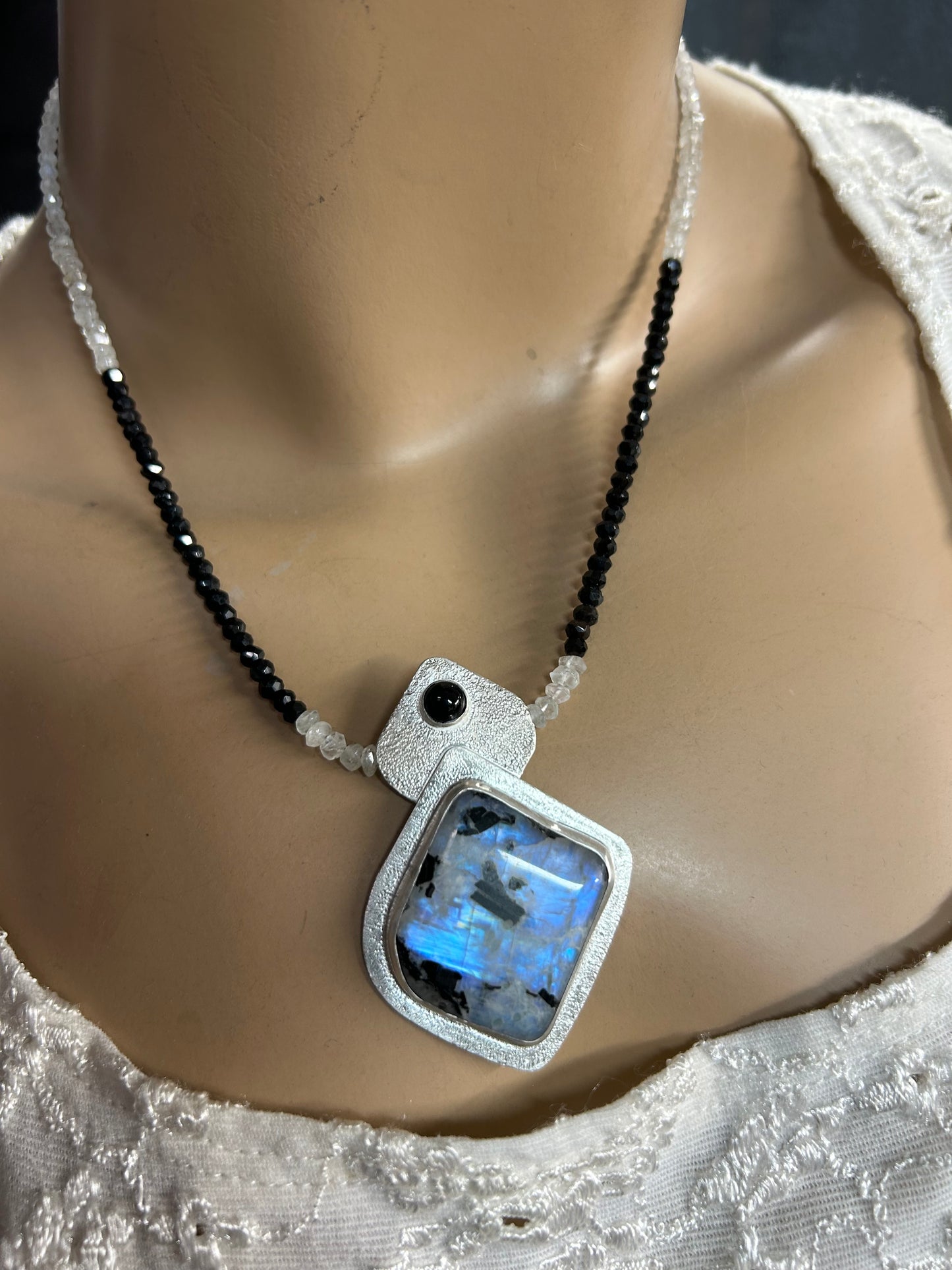 Rainbow Moonstone and black Onyx necklace