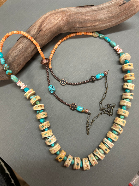 Turquoise and coral long bone necklace
