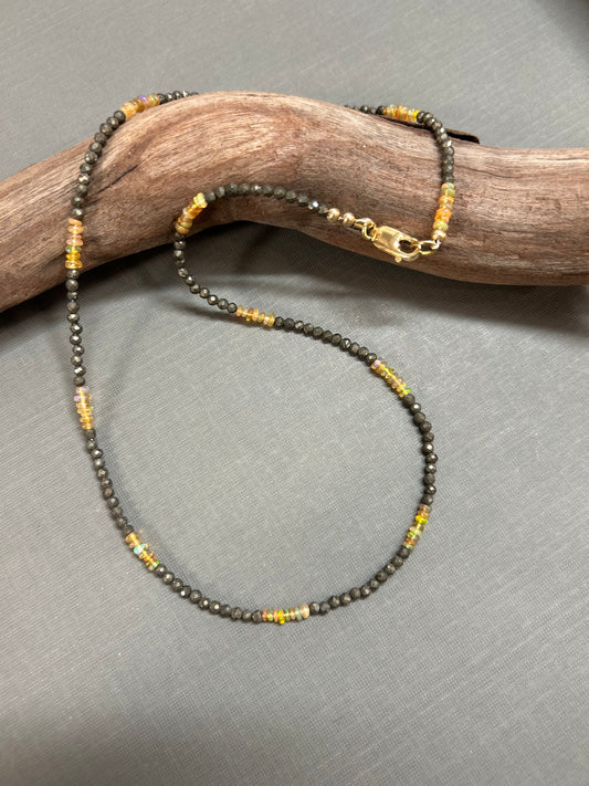 Opal and pyrite dainty necklace