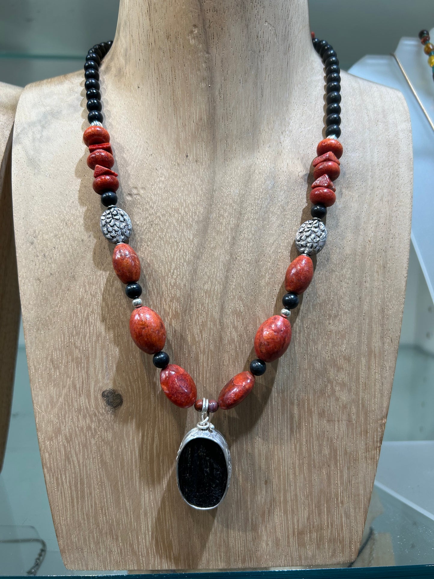 Black Tourmaline and Coral necklace