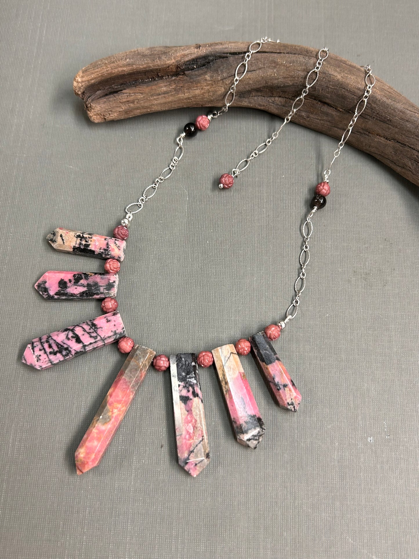 Rhodonite spears necklace in pinks and black