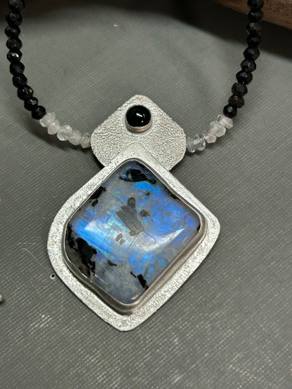Rainbow Moonstone and black Onyx necklace