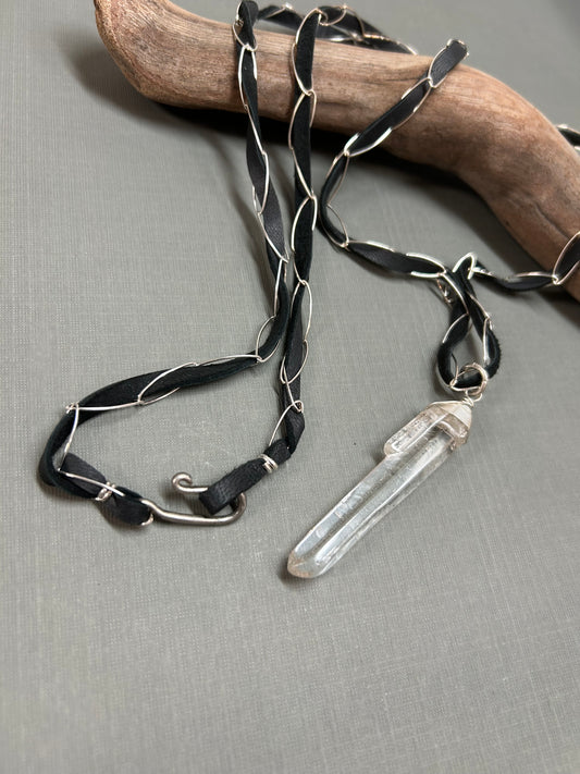 Clear Quartz on leather and chain necklace