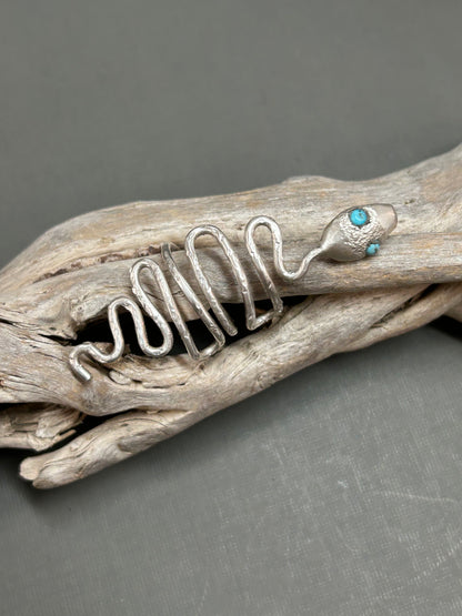 Snake ring wiggly silver snake with turquoise eyes