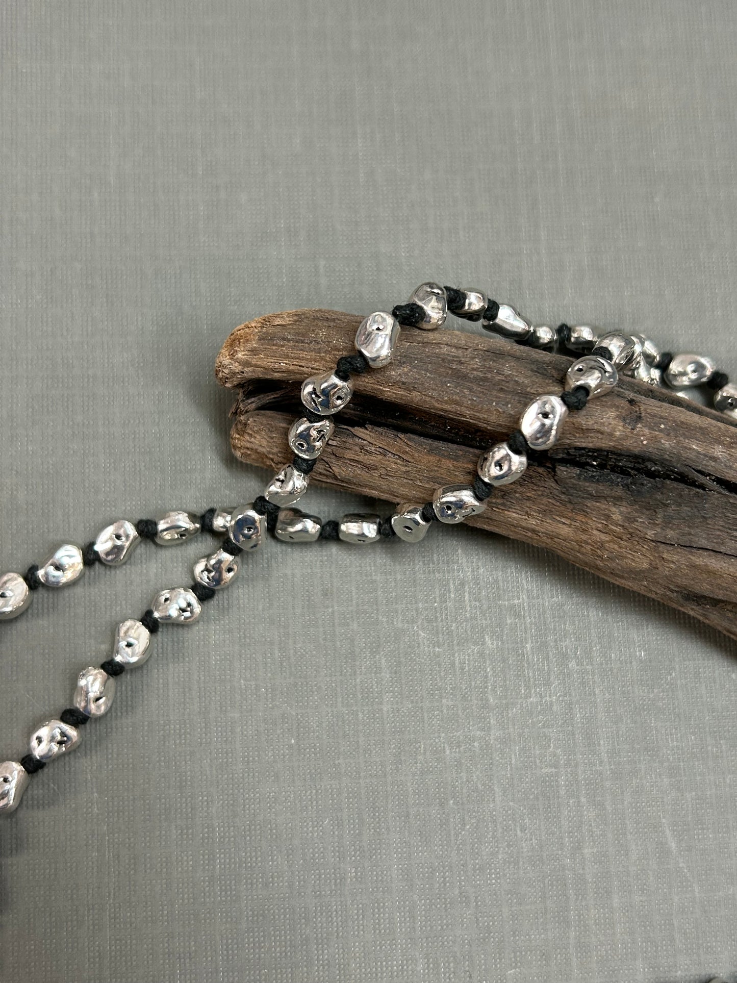 Silver nuggets knotted necklace