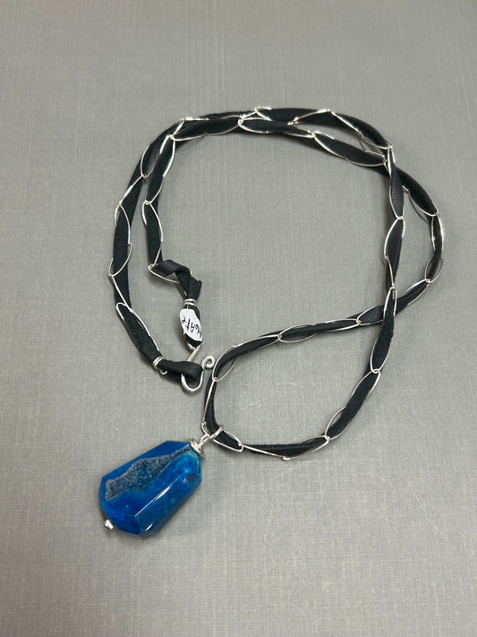 Blue Agate on leather and chain- necklace