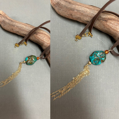 Turquoise nugget and Gold chains necklace