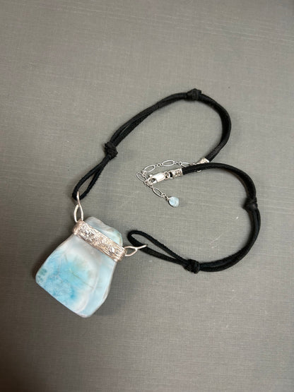 Larimar necklace-on black leather