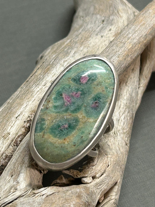 Ruby in zoisite ring- greens and pinks