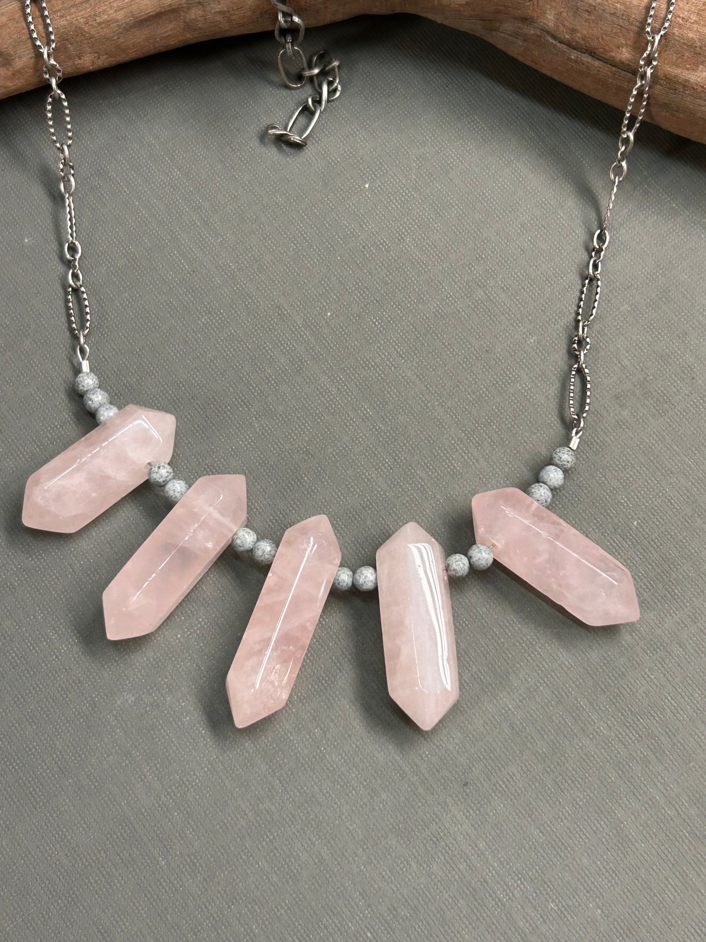 Pink necklace Rose Quartz spears