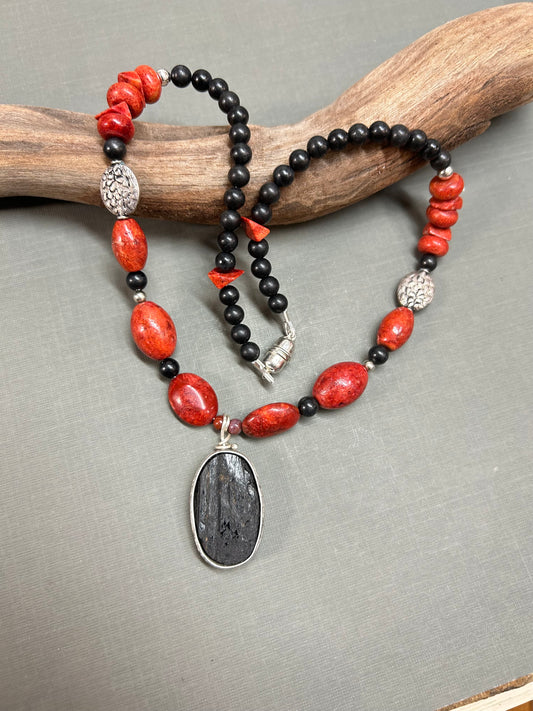 Black Tourmaline and Coral necklace
