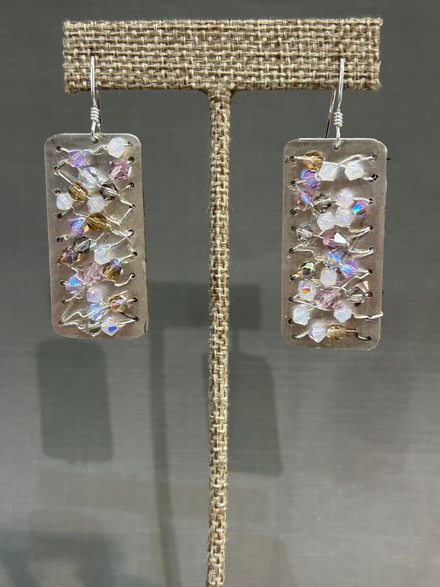 Crystals on silver mesh earrings