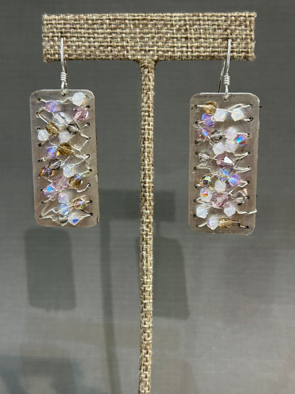Crystals on silver mesh earrings