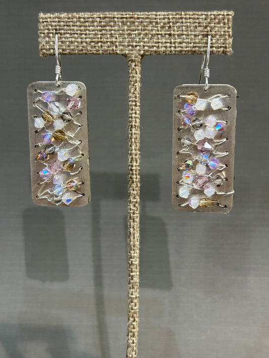 Crystals on silver mesh earrings
