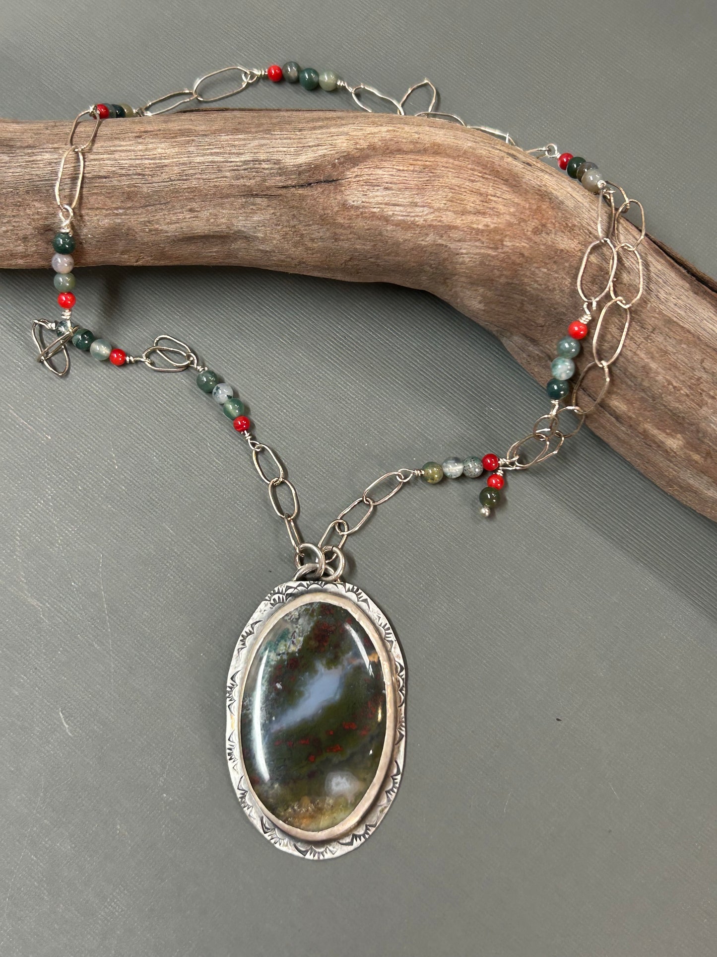Moss Agate- red flowers field necklace