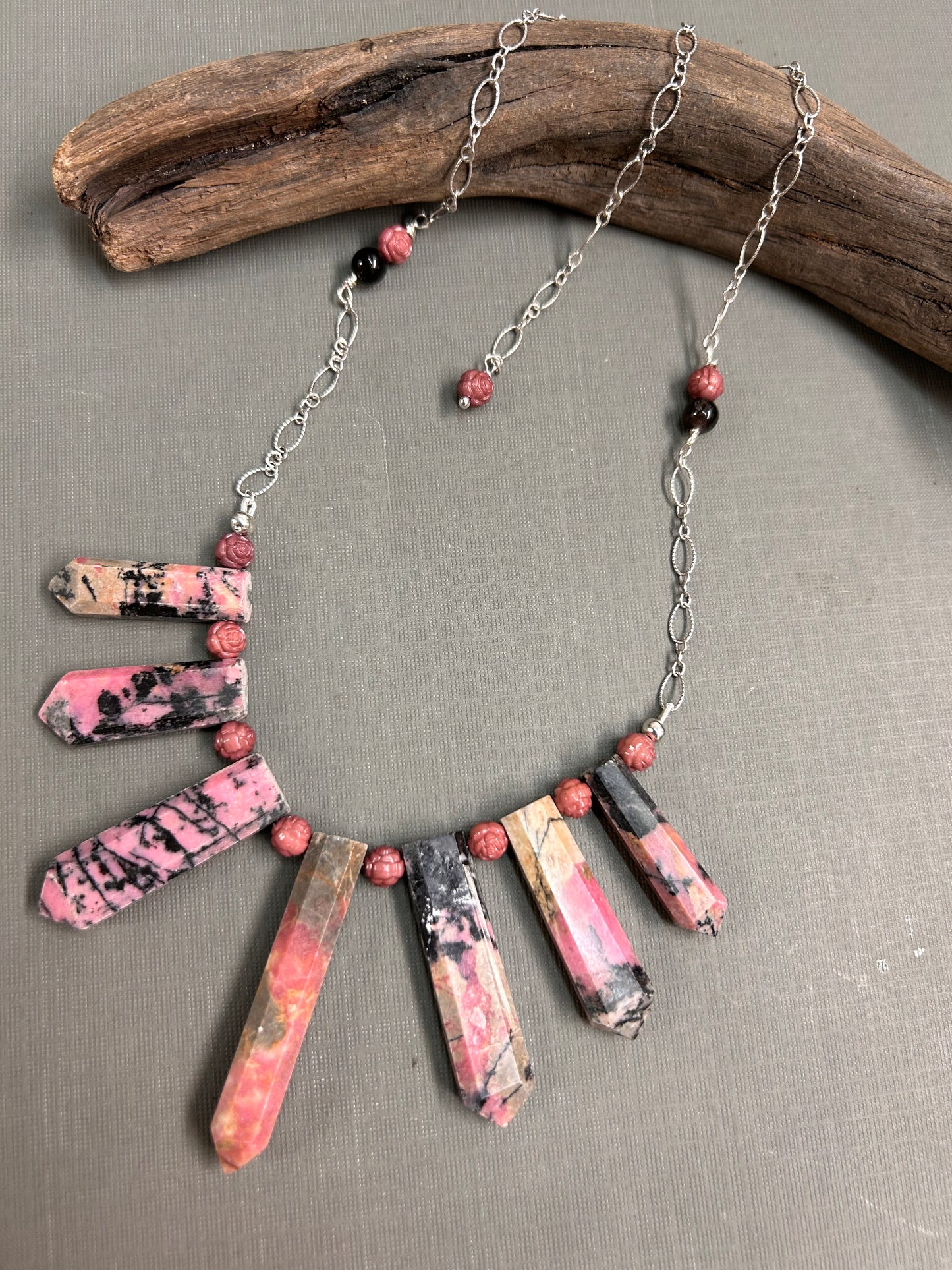 Rhodonite spears necklace in pinks and black