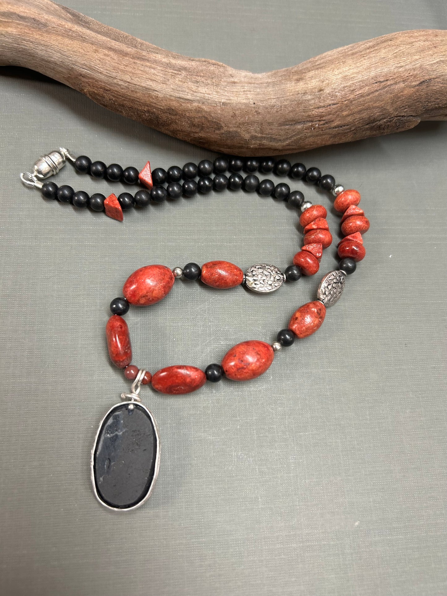 Black Tourmaline and Coral necklace