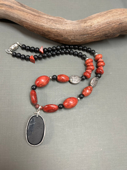 Black Tourmaline and Coral necklace