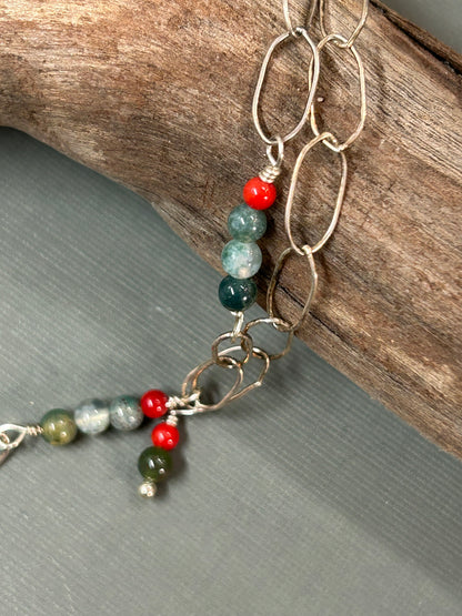 Moss Agate- red flowers field necklace