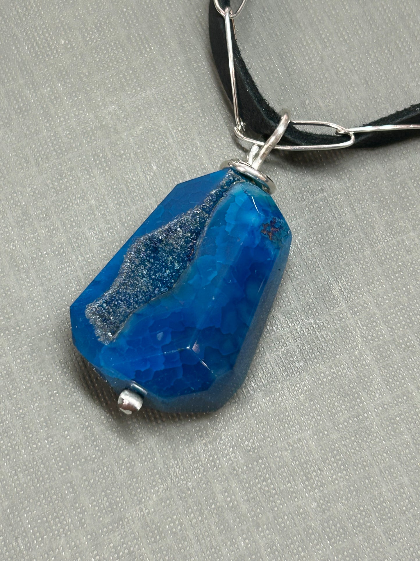 Blue Agate on leather and chain- necklace
