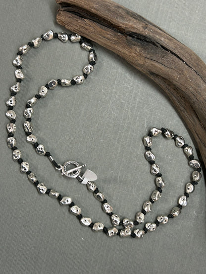 Silver nuggets knotted necklace