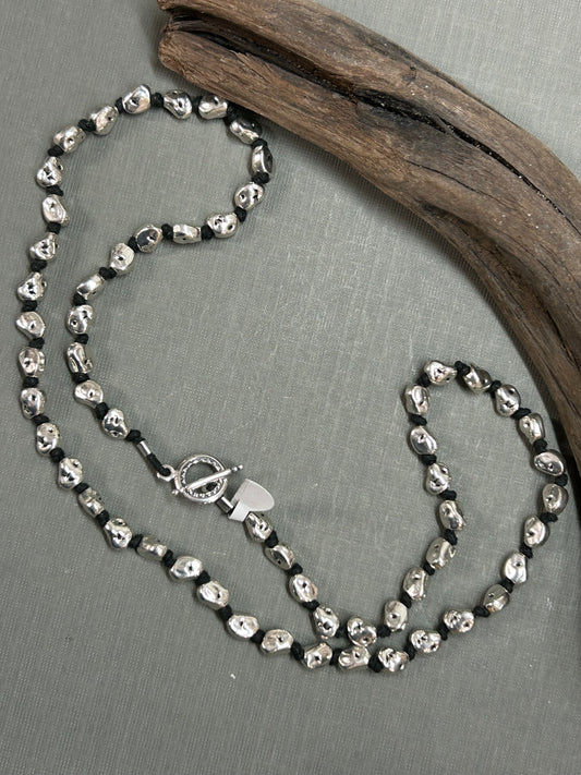 Silver nuggets knotted necklace