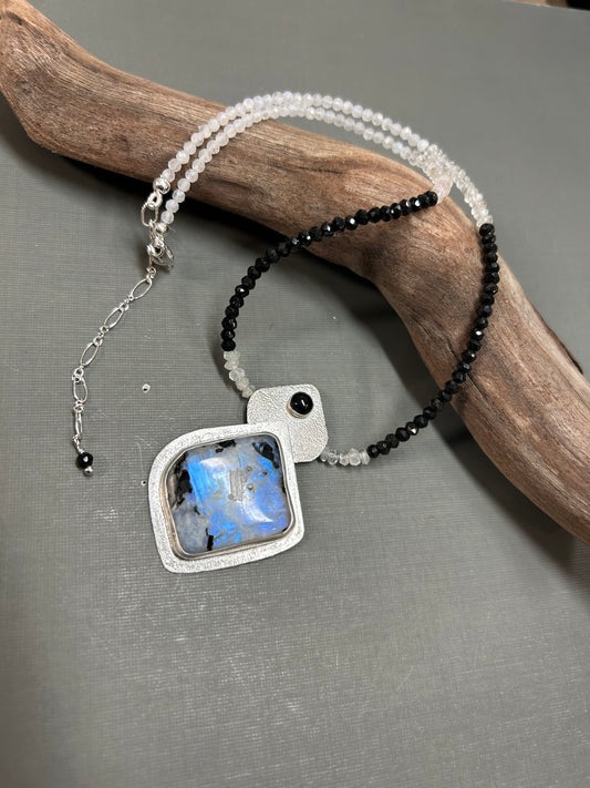 Rainbow Moonstone and black Onyx necklace