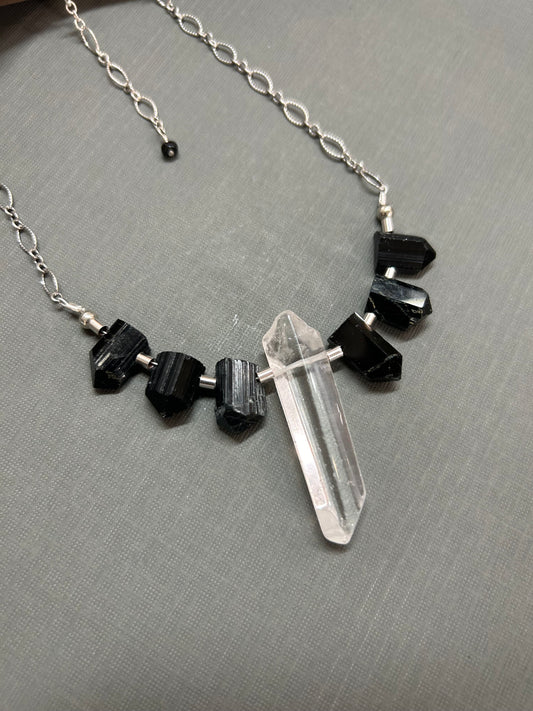 Black Tourmaline and clear Quartz necklace