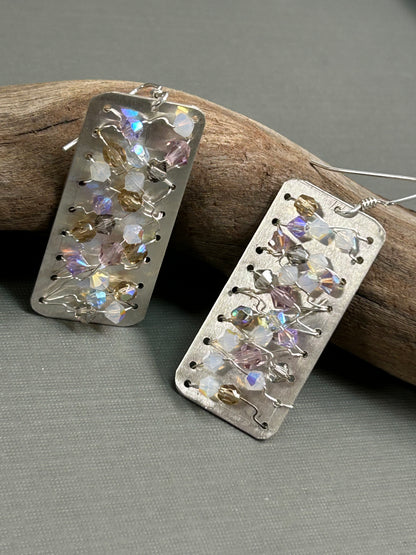Crystals on silver mesh earrings