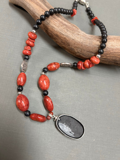 Black Tourmaline and Coral necklace