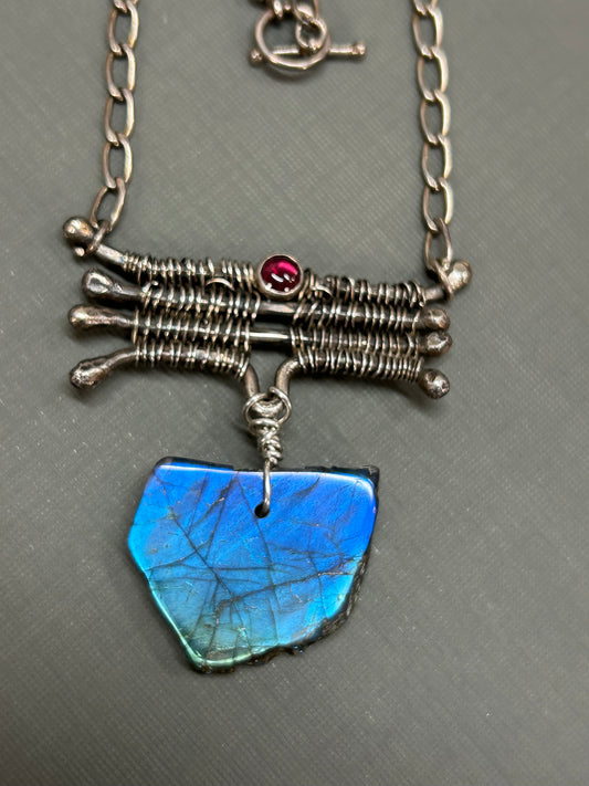 Labradorite and weaved silver necklace