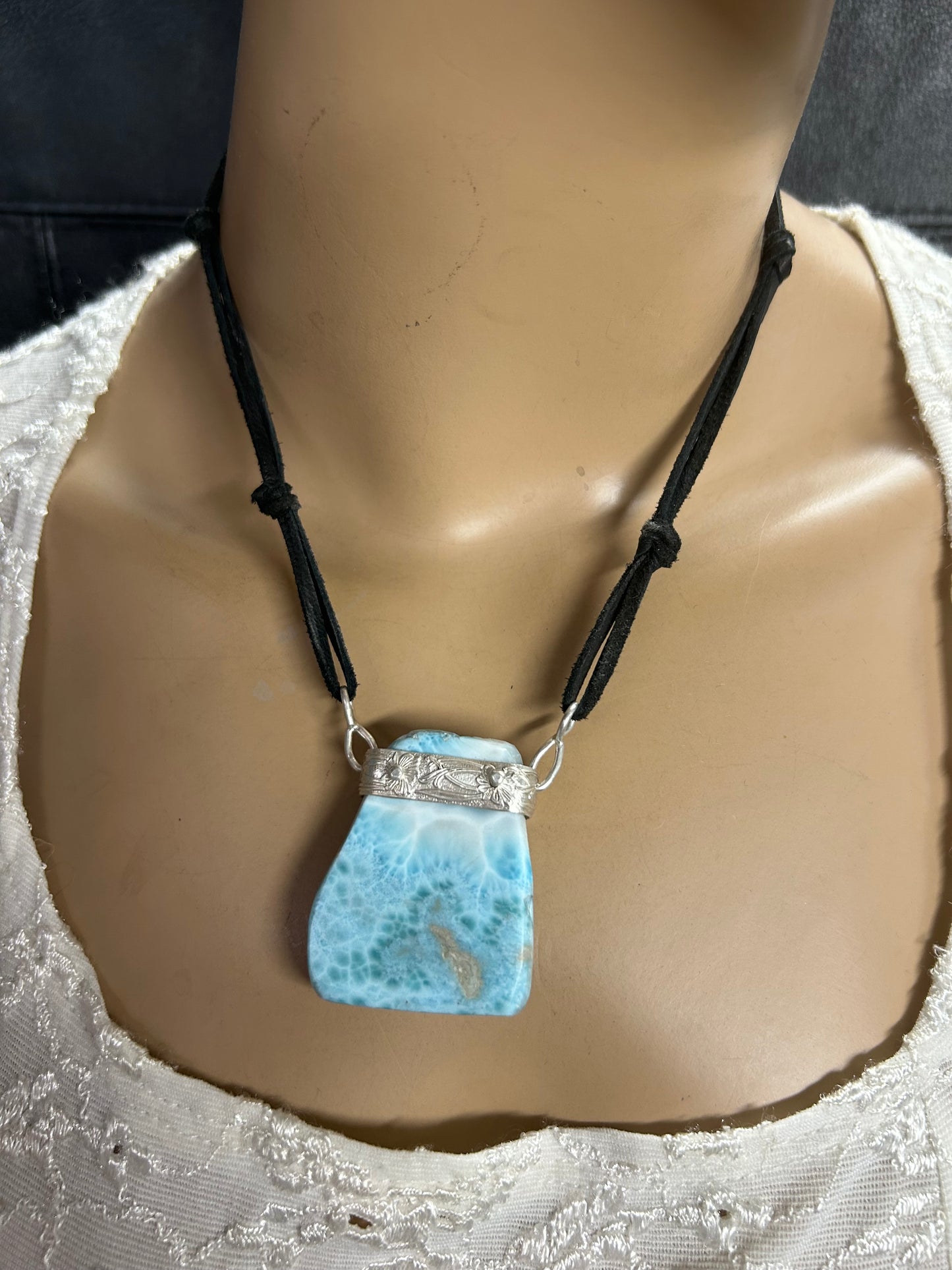 Larimar necklace-on black leather